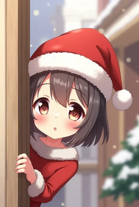 Anime Girl peeking around the corner wearing santa hat