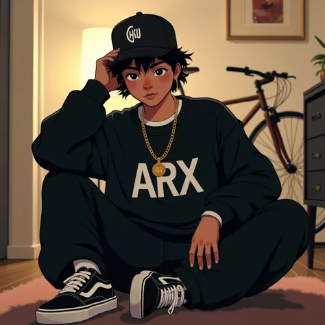 Gku teenager, hip hop style cap on head, black eyes, listening to music, sitting in a room with white walls with black furniture and bright lights, slave chain with the initial RAFID in gold, Loose black sweatshirt with a print in the center written ARX in...