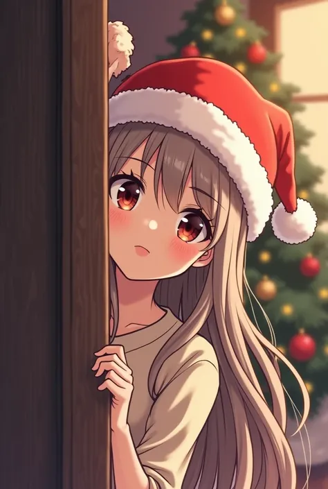 Older Anime Girl peeking around the corner wearing santa hat