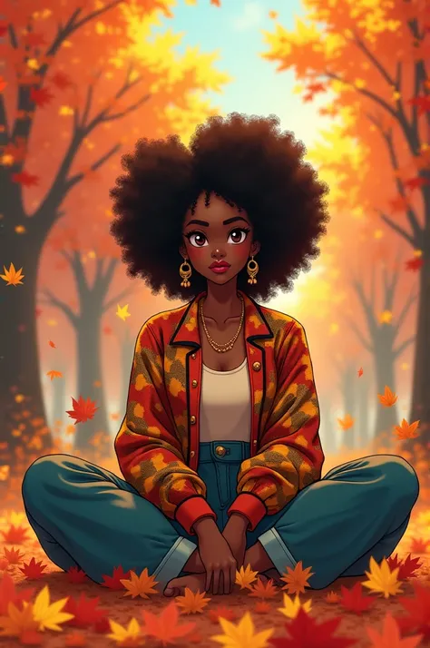 

Create an image of a Black female anime character with a few extra pounds, sitting cross-legged in a field of vibrant autumn leaves. Her exaggerated, unbothered expression radiates confidence and tranquility. She wears cute Afrocentric chic clothing with...