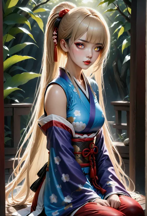 (masterpiece, aesthetic, detailed eyes, realistic), 1girl, mahiru shiina, angel next door spoils me rotten, Long smooth straight golden hair, gradient eyes from purple to golden, large bust, large hips, slim waist, sitting in samurai clothes, super detail,...