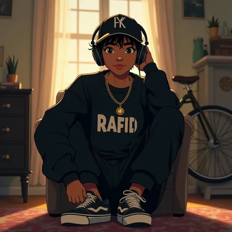 Gku teenager, hip hop style cap on head, black eyes, listening to music, sitting in a room with white walls with black furniture and bright lights, slave chain with the initial RAFID in gold, Loose black sweatshirt with a print in the center written RAFID ...