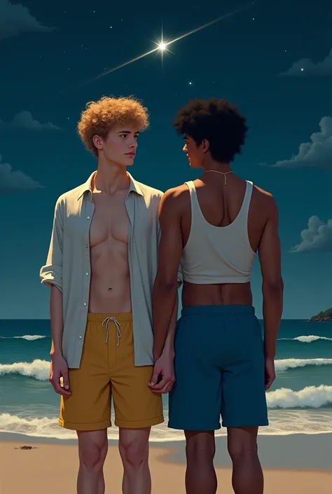  I want a cover for a novel novel about the exchange of bodies , With a beach at night and a star passing in the background ,with two young men aged 21 ,  side by side one with fair skin curly blond hair open blouse and yellow shorts,  the other curly blac...