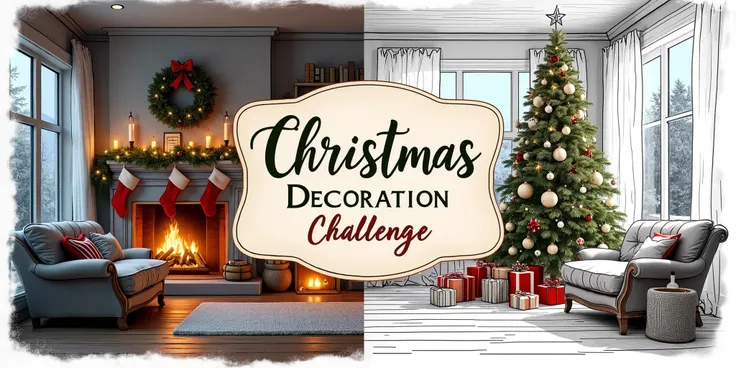 Christmas home decor scene, half of the image is a realistic photo-style depiction of a cozy living room filled with festive decorations like a beautifully adorned Christmas tree, sparkling lights, wreaths, stockings on the fireplace, and a warm ambiance. ...