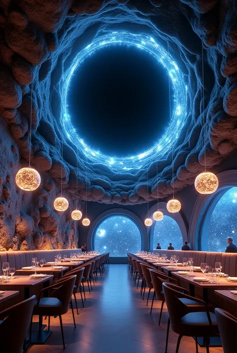 Generate image of black hole entrance celestial body theme restaurant  design