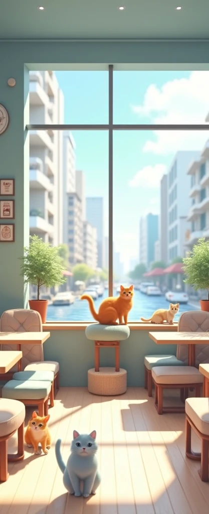 Cat Cafe， large floor-to-ceiling windows 