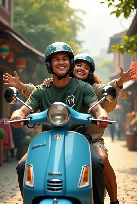 " A young couple riding a Vespa scooter classic blue in the middle of a bustling Indonesian city .  The man in front is wearing a dark green casual shirt with the NN logo clearly emblazoned on the chest and matching helmet,  gazing warmly at the camera .  ...