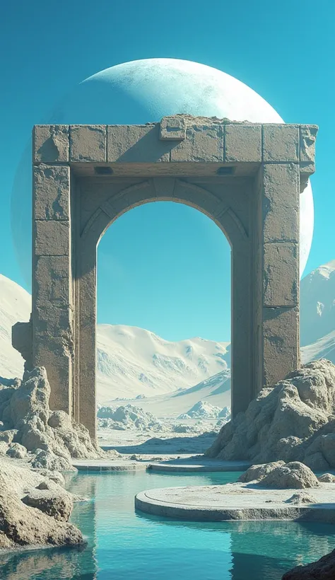 an ancient ruined archway on the moon, fantasy, ruins of an alien civilization, concept art, blue sky, reflection in water pool, large white planet rising behind it, --ar 34:65 --style raw