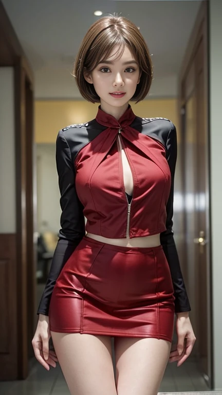  Masterpiece、 top quality、UHD,Hyperrealistic、Clear image、Japanese female politicians、((red luxury tailored suit))、fine blouse 、 super mini tight skirt 、strict, fashion model body type、 long foot、、Big Breasts、sfw,sfw, slim body 、(( Very Short Hair:1.1))、 Co...