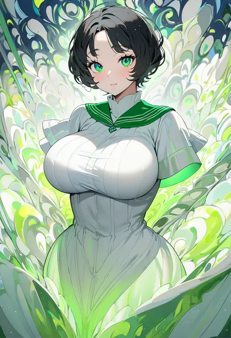 A white woman with long, light black hair . My eyes are a vibrant light green. I am 1.67 cm tall and my body has a curvy hourglass shape: 106 centimeters breasts, 60 centimeters waist and 180 centimeters hips.Dressed in a white short-sleeved sailor uniform...