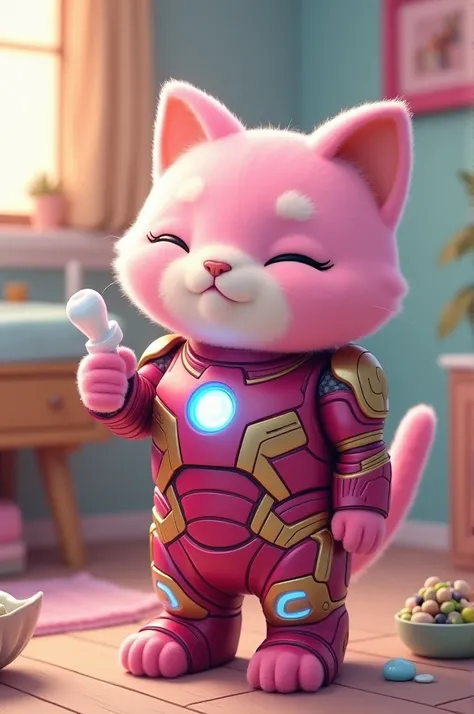 Moisturizing a pink cat wearing an Iron Man suit