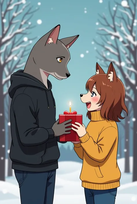 anime anthropomorphic animals in the form of people with human faces guy cat gray in a black sweatshirt gives a New Years gift to a brown dog girl in a yellow sweater against the background of winter 