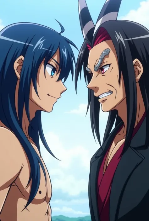 The anime features two men standing face to face as if they were fighting each other, with the left side having long blue hair, blue eyes, tan skin, and the right side looking like an old man with black and red hair and red eyes with black and white horns.