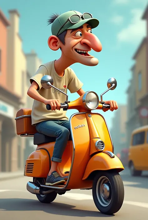 Digital caricature 4d guy riding vespa ash color ash wearing t-shirt inscribed solikin