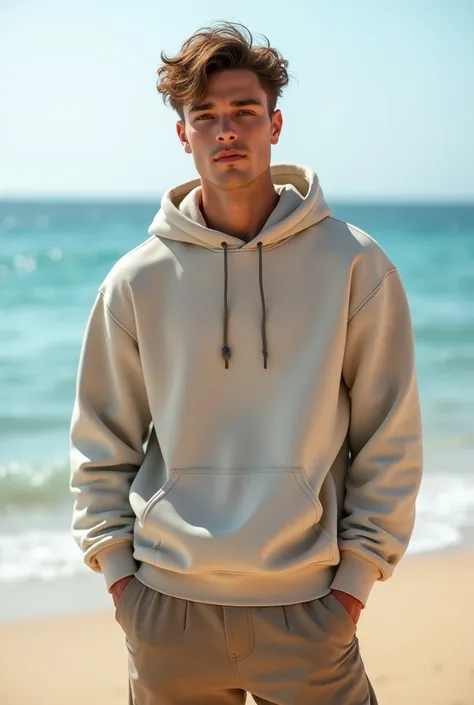 Standing a man who is 20 years younger. wereing A casual hoodie and trouser . He
Stranded in front of beach in casual poses.