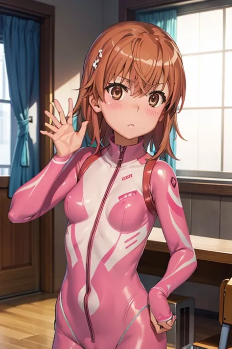 Mikoto misaka.、A Certain Scientific Railgun、girl、Small breasts、whole body,blush,best quality,(zentai:1.3)