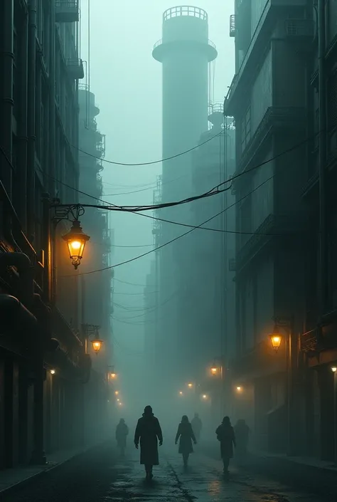 A mechanically dark city with thick fog