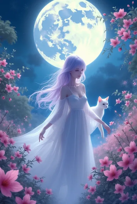 Animated by Ghost Woman with Light Lilac Hair with a Black Cat Walking in Front of a Garden Full of Pink Flowers and Jasmines from Japan and the Full Moon 