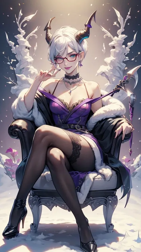 8k, masterpiece, best quality, highly detailed, 1 girl, devil, demon horns, warlock, pixie cut, white hair, multicolored hair, very short straight hair, red highlight hair on white hair, stippled hair, wearing glasses, round glasses, earrings, red eyeshado...