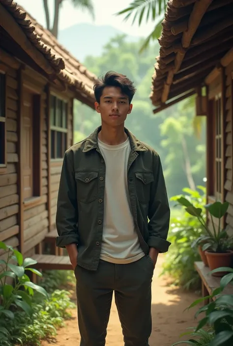 a man standing, wearing a jacket and a t-shirt inside, 1980s style,malay young man, village house,malaysia