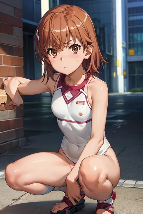 Mikoto misaka.、A Certain Scientific Railgun、girl、Small breasts、whole body、nude、nsfw,blush,squatting