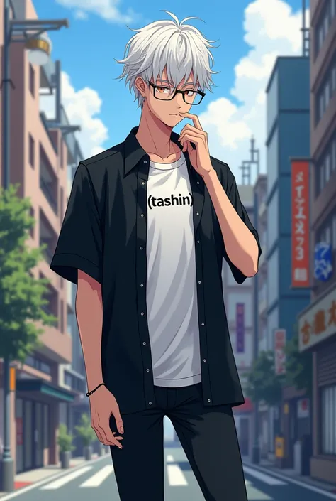 Make a anime pic with white t-shirt under 
A black shirt and with a black bottom and a white shows and face shape is oval and his jaw line is sharp give a glass which match with his face and write [TASHIN] ON HIS white t-shirt white hare in a Japan city 