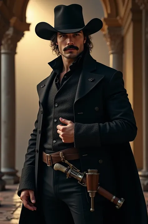 Male, 30 years old, dark hair, moustache, black clothes , musketter or duellist style, big black hat, a rapier on the left side and a flintlock pistol on the right side