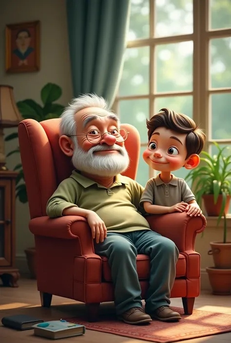 4d caricature of grandfather sitting in a lounger with his son