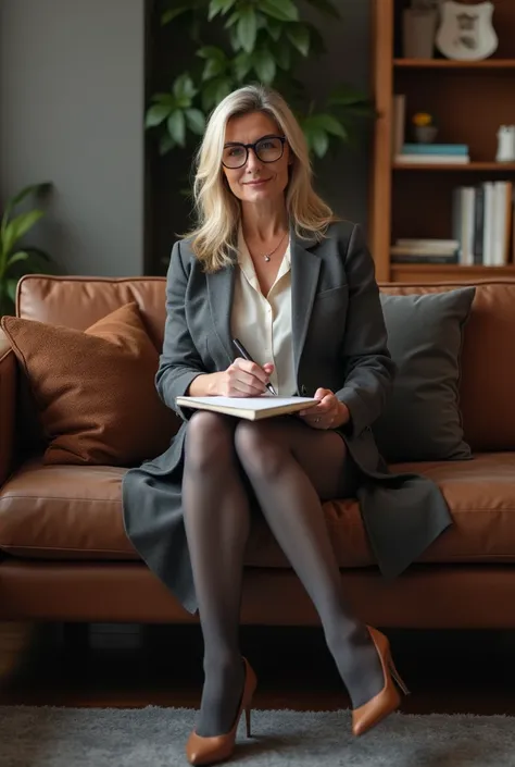 a 45 year old female psychologist, full body portrait, sitting on her office sofa, taking notes, wearing denier 10 grey stockings, brown high heels, glasses, (best quality,4k,8k,highres,masterpiece:1.2),ultra-detailed,(realistic,photorealistic,photo-realis...