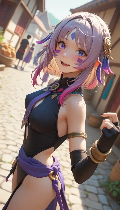 score_9, score_8_up, score_7_up,they read, 1 girl , Black Gloves , open her mouth , purple tie, partially fingerless gloves, viewer, black leotard, （purple lunghy, purple waist cloth :1.5）, gradient hair ,, armlet, bracelet on nipple, jewelry, medium chest...