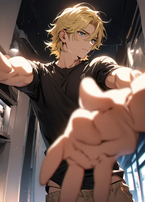 Handsome, beautiful man, low angle, blond hair all back, hands out in front of him, wearing a t-shirt, sexy, cowboy shot, looking towards me,