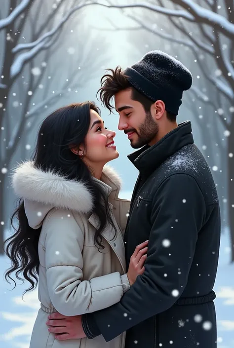  a couple in a snowy landscape . RafaElibar woman , 30 YEARS, French,  long black hair with Hollywood waves ,  small black eyes ,  full lips,  She wears a white coat with a fur hood and smiles widely,  while Francisco Lachowsky ., A young man, 24 years old...