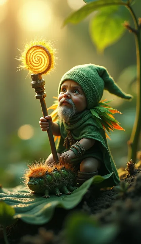 Hyper-realistic macro photograph of a tiny shaman wearing a cloak of leaves and feathers, seated on a vibrant green caterpillar. The shaman is holding a glowing staff with swirling magical energy. The caterpillar’s fuzzy body is in sharp detail, crawling o...