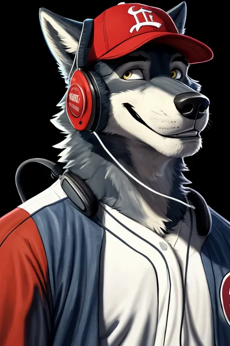 (pinup), Anthro, male, solo, headshot portrait, canid, (Wolf:1.1), closed shirt, jeans, ((((Baseball hat on backwards)))), ((((headphones on shoulders)))), (black background:1.1), digital artwork, (flat colors:1.2), (by adios, by k-9, by paintfox:.8), by d...