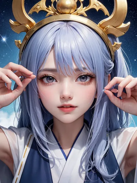 masterpiece， top quality，8k， Detailed Skin Textures ， detailed cloth texture，Beautifully detailed face， complex details， super detailed ，Rei Ayanamiの肖像， Silver Hair，Red colored eyes， black headgear on the head,Pixieカット，Shining Skin Hair Ornaments, gold hai...