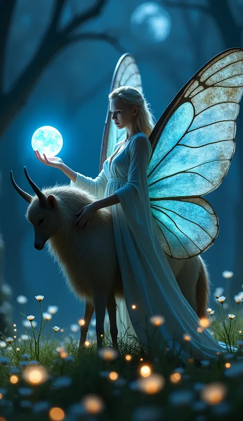 "Hyper-realistic macro photograph of an elegant elf sorcerer standing confidently on the back of a moonlit moth, wielding a glowing blue crystal orb. The moth’s delicate, dusty wings are illuminated by soft moonlight. The setting features a nighttime meado...