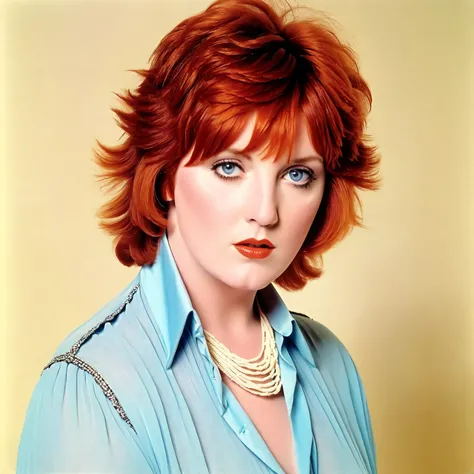 Maggie Reilly from 1980s, 25 years old, short red hair, blue eyes,

