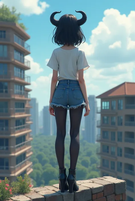  
The roof of a multi-storey building, black tights, denim shorts ,  high-heeled boots , black hair,  Beautiful ,  in detail,  t-shirt , shirt , four little horns , short stature ,unusual beauty ,adult, realistic