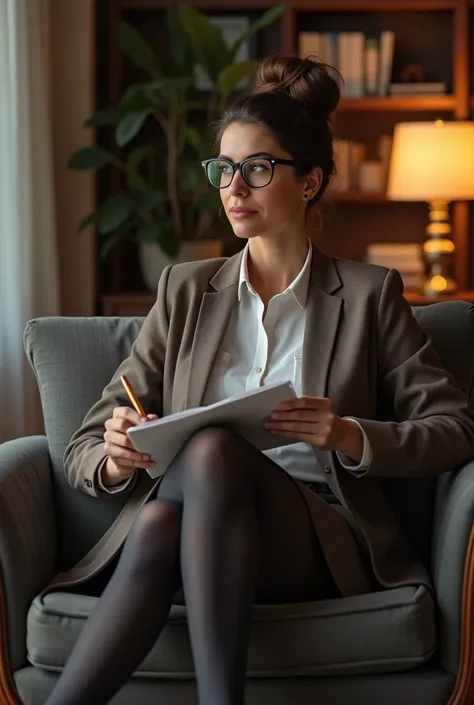 a 45 year old female psychologist, full body portrait, sitting on her office sofa, taking notes, wearing denier 10 grey stockings, brown high heels, glasses, (best quality,4k,8k,highres,masterpiece:1.2),ultra-detailed,(realistic,photorealistic,photo-realis...