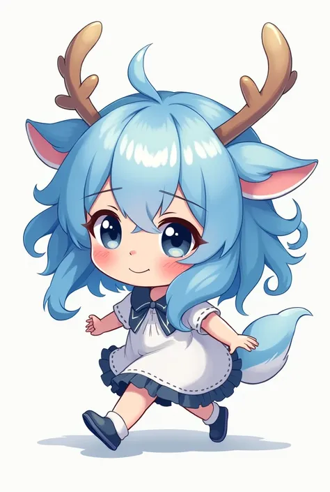 a girl with blue and white hair with antler and all black eyes cute cartoon style running 3/4 view