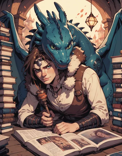  a tattoo design where a dragon similar to chimuelo is mixed with " how to train your dragon " And fantastic literature that the design is in black lines and that to represent fantastic literature there an open book 