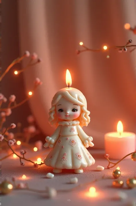 Esthetic background in centre a doll shaped candle 