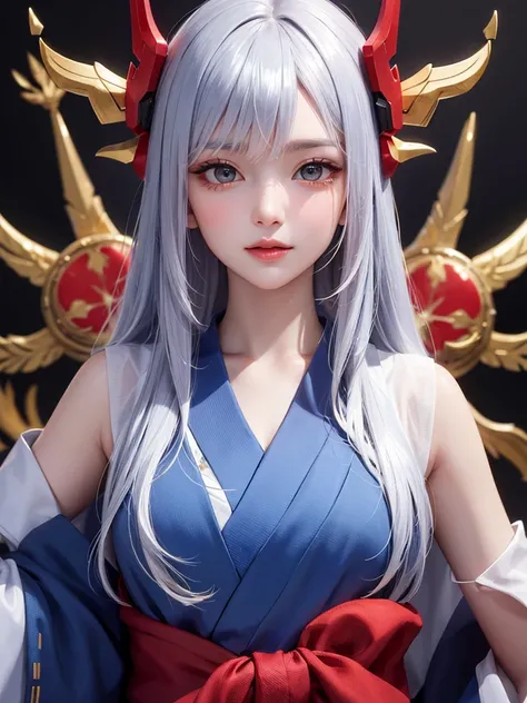 masterpiece， top quality，8k， Detailed Skin Textures ， detailed cloth texture，Beautifully detailed face， complex details， super detailed ，Rei Ayanamiの肖像， Silver Hair，Red colored eyes， black headgear on the head,Pixieカット，Shining Skin Hair Ornaments, gold hai...