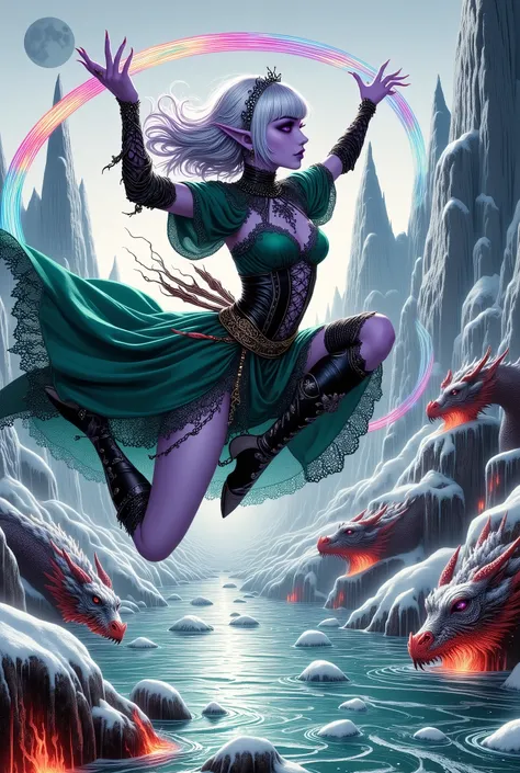 (Ultra-detailed face, Looking away, Fantasy Illustration with Gothic, Dark tone colors. A viewpoint looking up into the sky from a bed of ice.), BREAK 
(A world of chaos with the black moon climbing the white sky. There is an ice stage like a mirror spread...