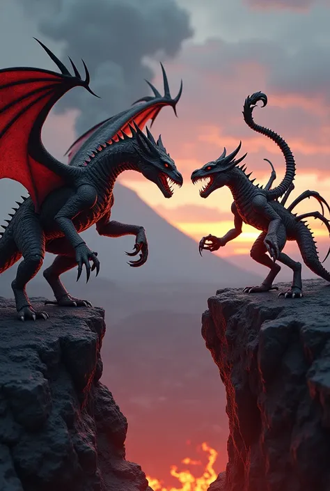  create a realistic photo image of a dragon and a scorpion,  sitting on the edge of a volcano . face to face, with a threatening atmosphere , roar, At dusk.