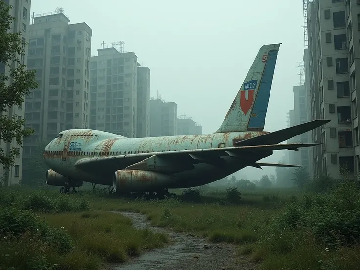 Describe the scene,  in which the abandoned An-124 Ruslan transport aircraft stands in profile without wings in the midst of the gloomy, neglected high-rise residential buildings ,  focusing on urban decline ,  The planes huge tail sticks out majestically ...