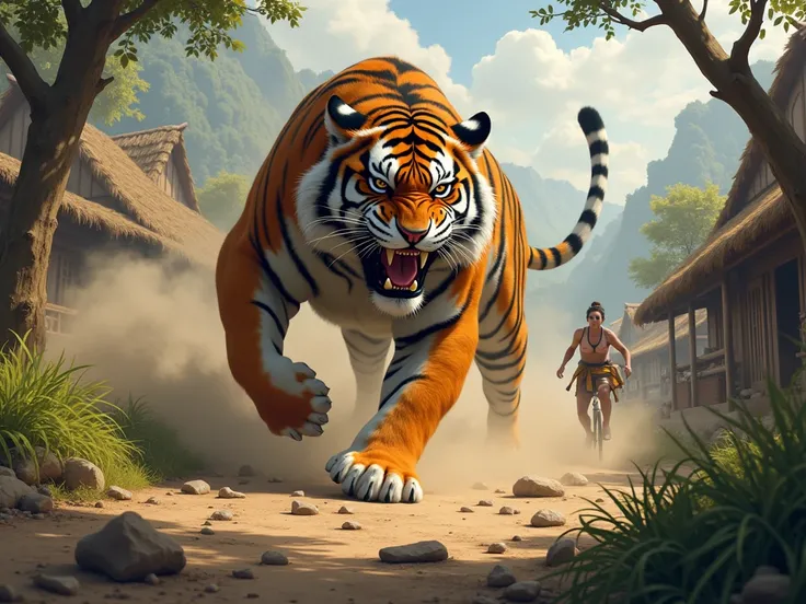 A tiger roars like an angry person and runs around in a rural village. It runs very dynamically and violently, so the dust is scattered all over the place..
