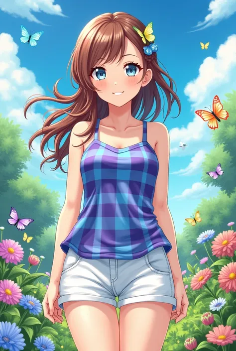 Create a manga cartoon drawing of a girl from the front, with long, wavy, bonse-brown hair tied with  blue  accessories , wearing a blue  and purple  checkered white shorts. In an outdoor scene with several butterflies and dragonflies , there are several p...