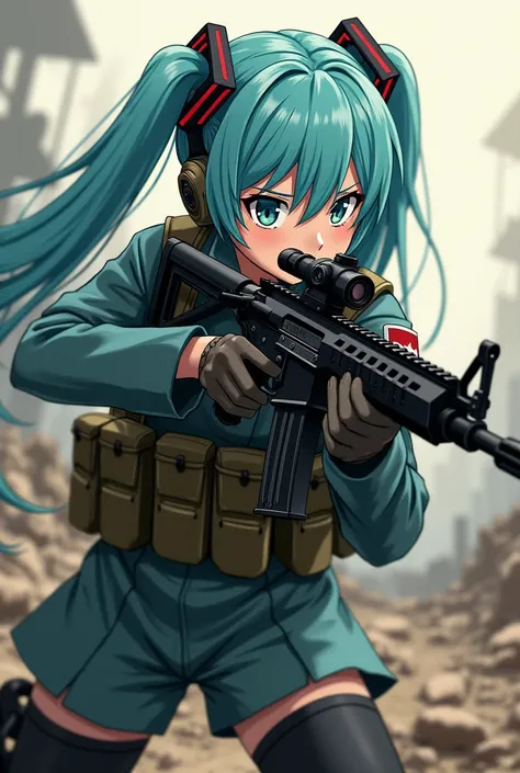  weapon You have a Hatsune Miku military (With the MDR ) more in the style of  " Escape from Tarkov" But that he still maintains the 2D style animé ,  style as if he were in coverage because he is being shot
