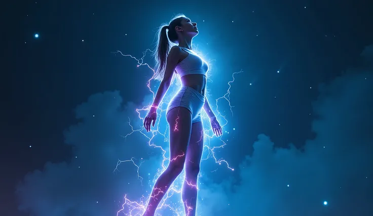 a young white woman wearing tight clothes. Floating in the night sky, surrounded by stars and electric energy. Show the woman near the bottom of the image. She is looking up to the sky. Make the Energy stand out with Neon colours. the woman is in the middl...